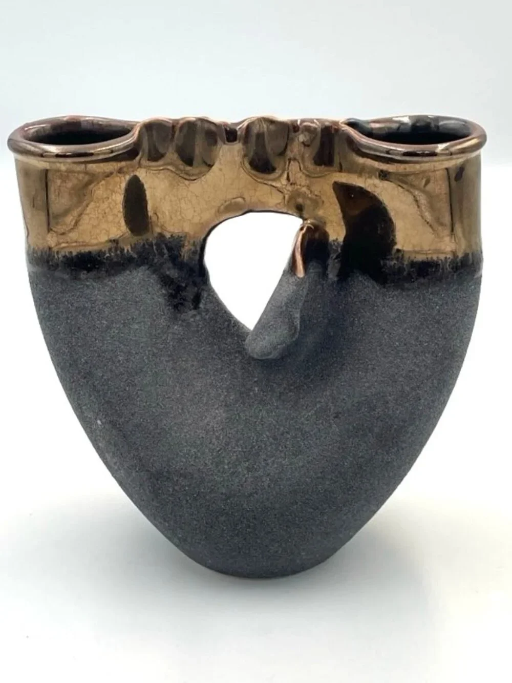 Vtg Raku Ceramic Pottery‎ Vase Textured Matte Black Base & Metallic Glazed Rim